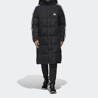 Shop adidas 三條紋黑色長版羽絨外套冬季大衣 EH3993
