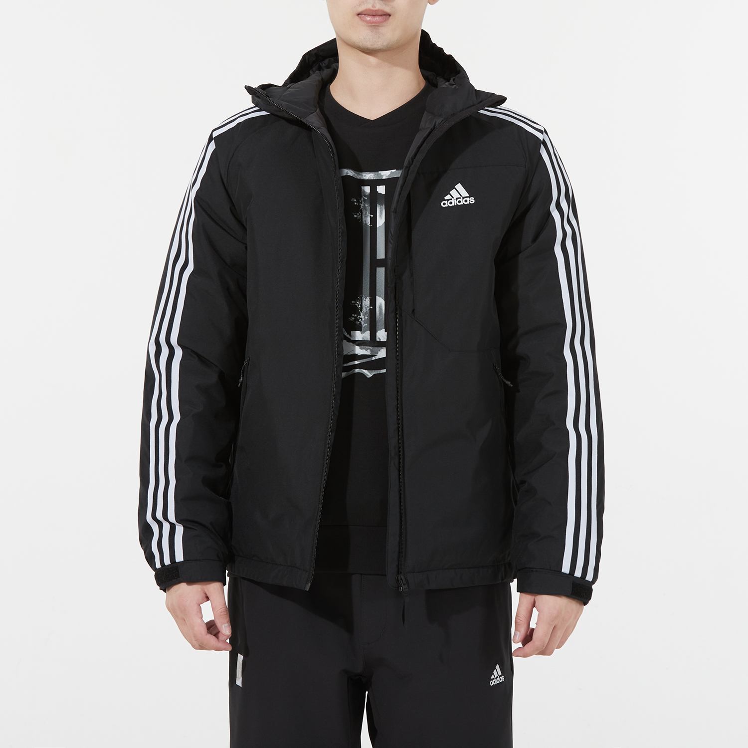 Purchase adidas Jaket Hitam 3-Stripes Tahan Air Musim Dingin dengan Hoodie. H23080