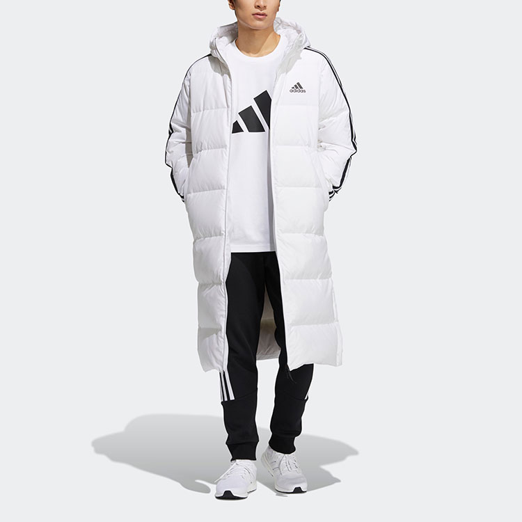 Shop adidas 3-Stripes Long Down Coat White Winter Unisex Hooded Insulated Jacket H20762