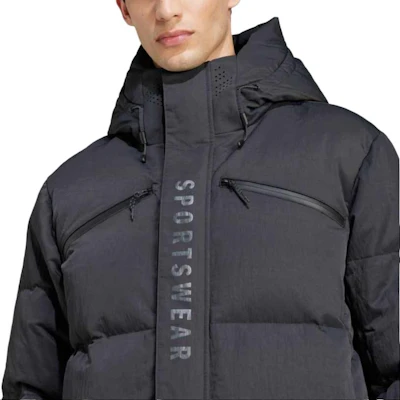 adidas Black Hooded Down Jacket Casual Warmth Sportswear Series. JM4609 Details for adidas Black Hooded Down Jacket Casual Warmth Sportswear Series. JM4609