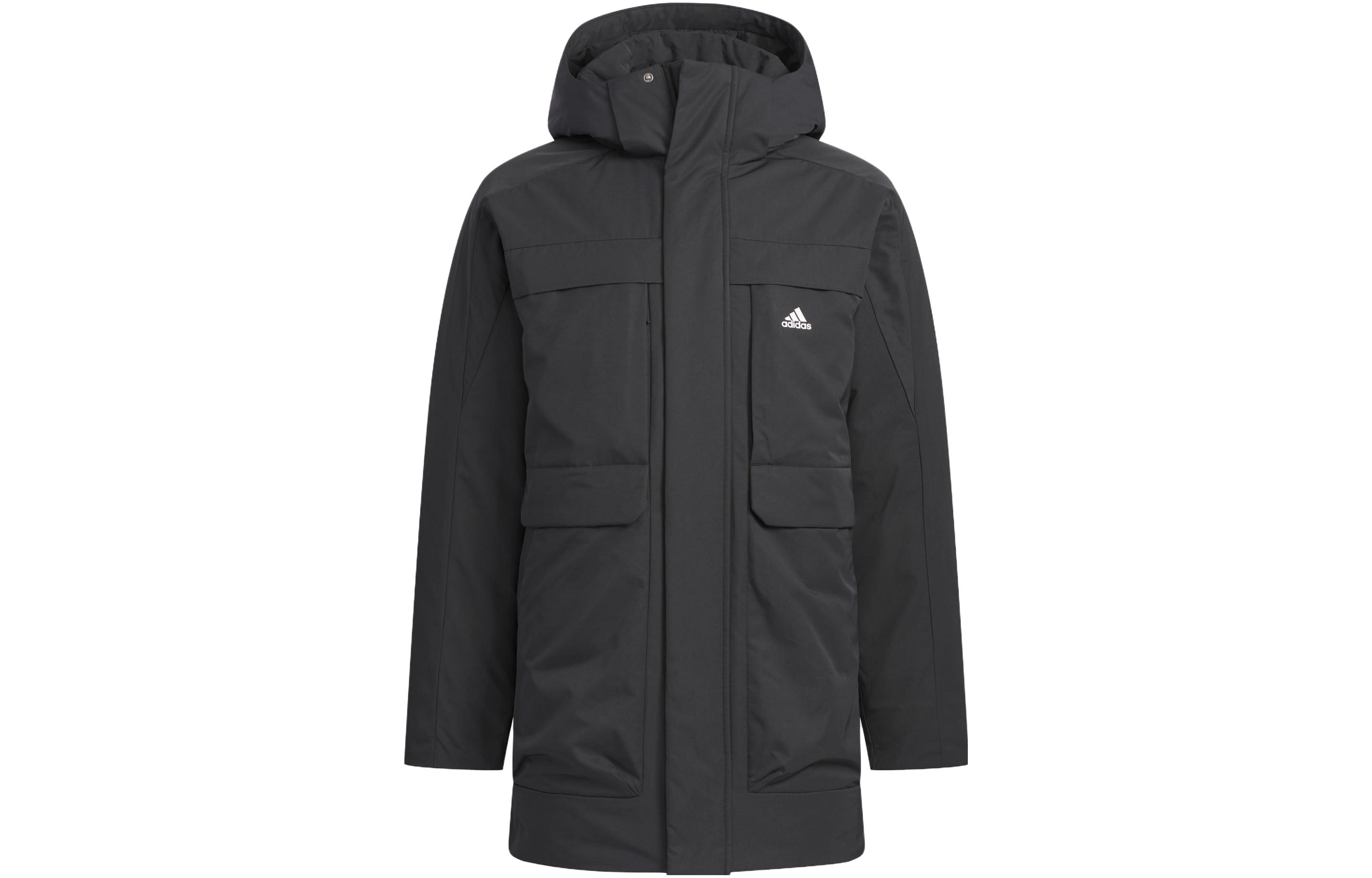 adidas  Black Long Down Hooded Jacket Windproof Water-Repellent Warm Coat IV7553