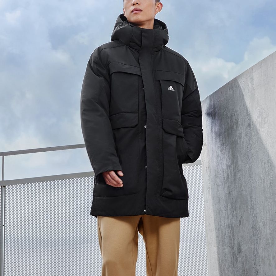 Lookbook アディダス ブラック ロング ダウン フード付き 防風 撥水 暖かいコート IV7553