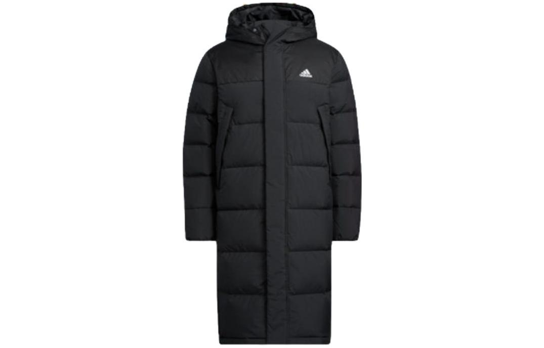 adidas  Black Long Down Jacket with Solid Logo Print Hooded Design. HZ5345