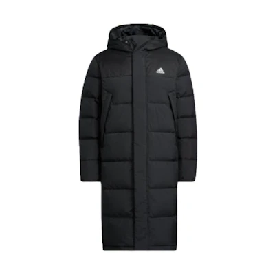 adidas Black Long Down Jacket with Solid Logo Print Hooded Design. HZ5345