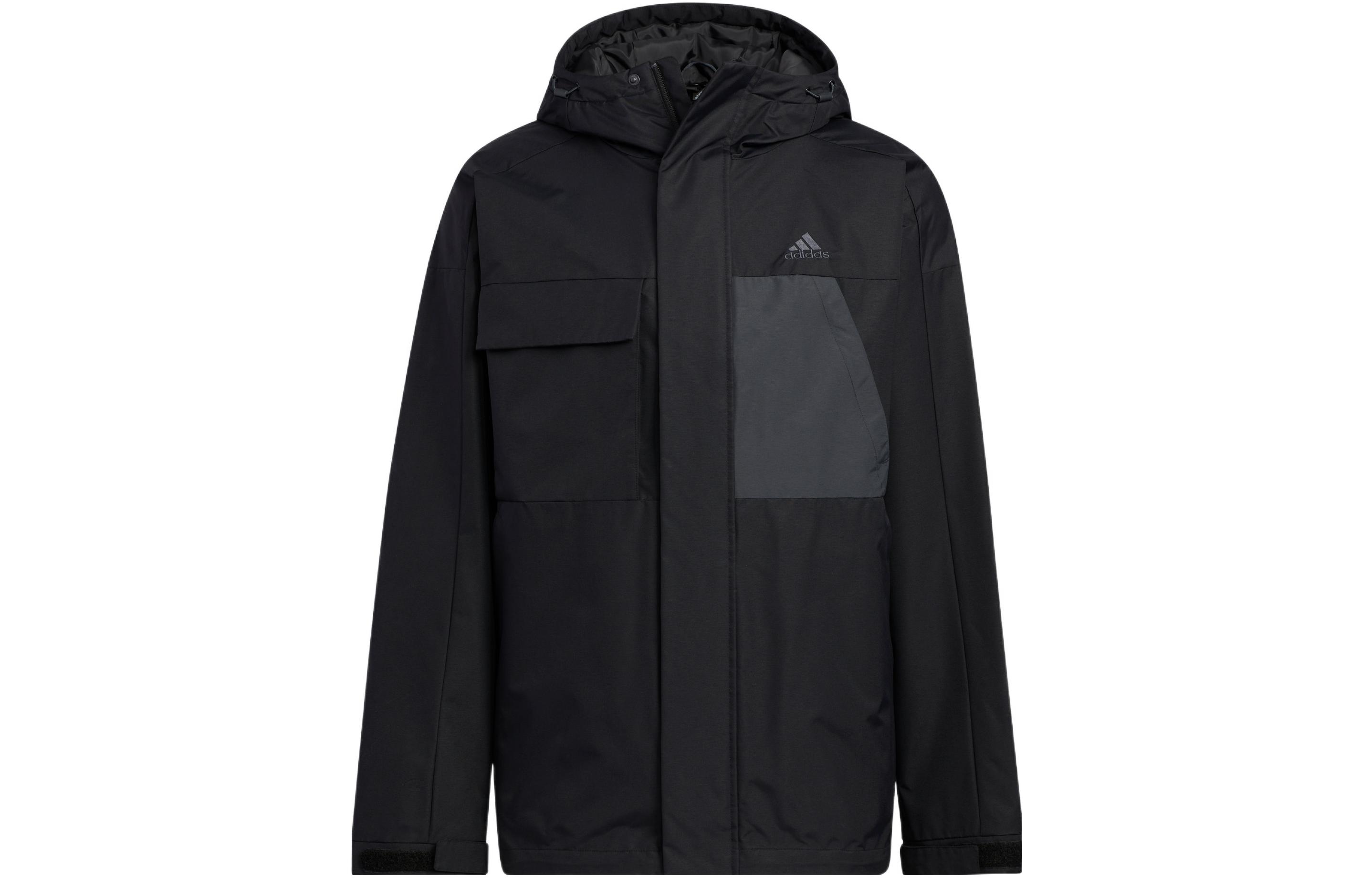 adidas  Black Solid Color Hooded Puffer Jacket with Logo Embroidery. HN2135