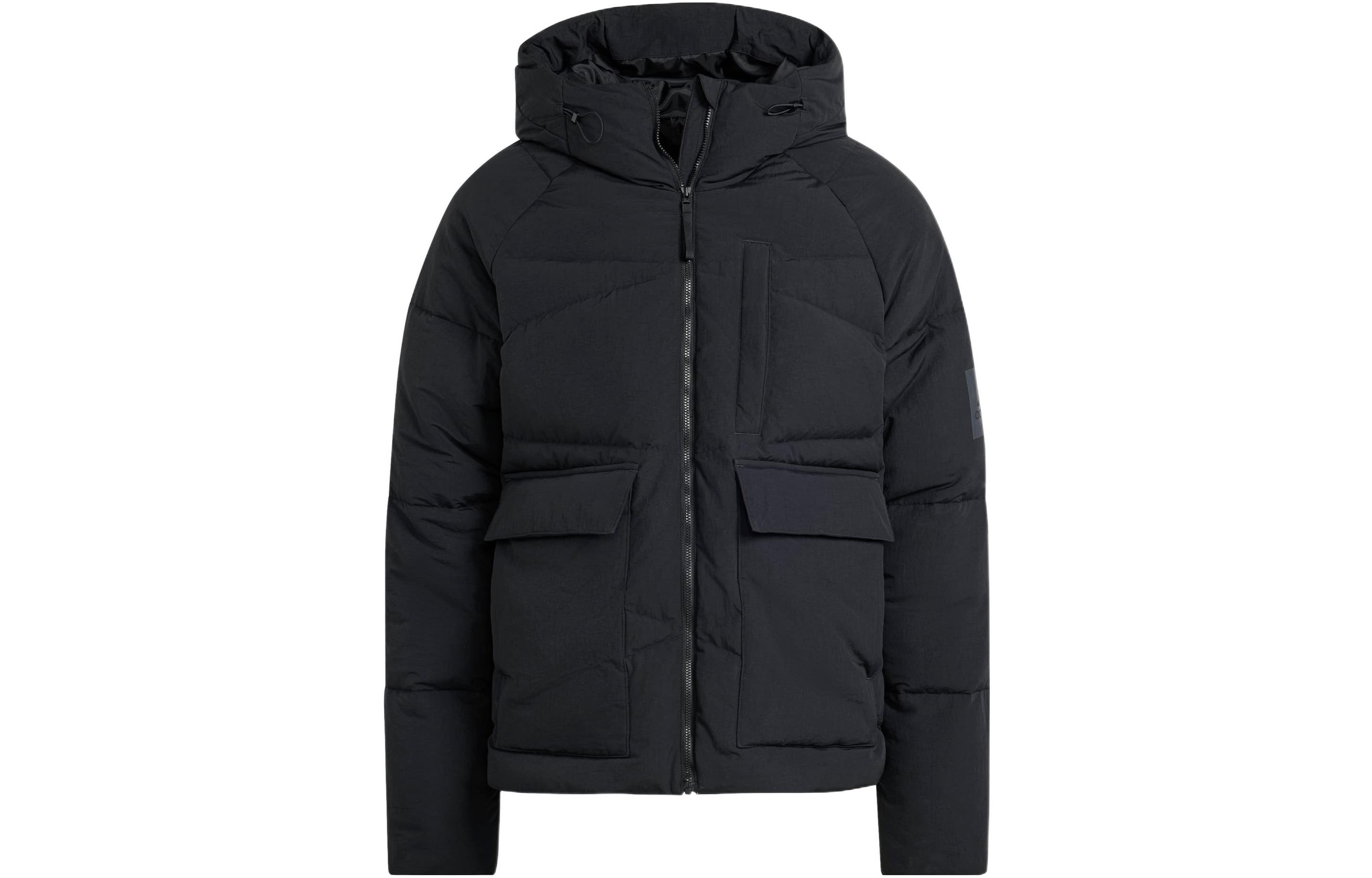 Order adidas Jaket Puffer Hoodie Hitam Solid dengan Resleting. HN9930