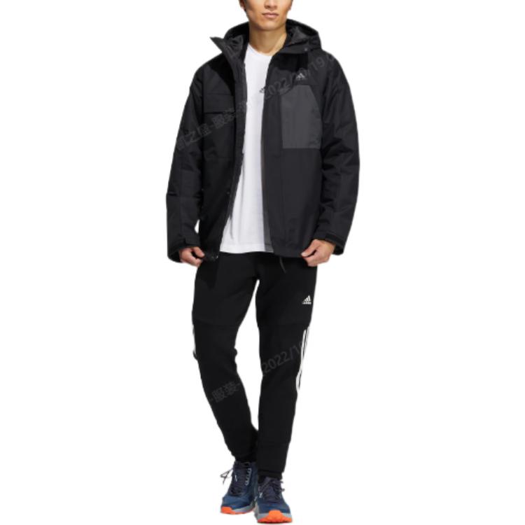 Shop adidas Jaket Puffer Hitam Solid Berkerudung dengan Bordir Logo. HN2135