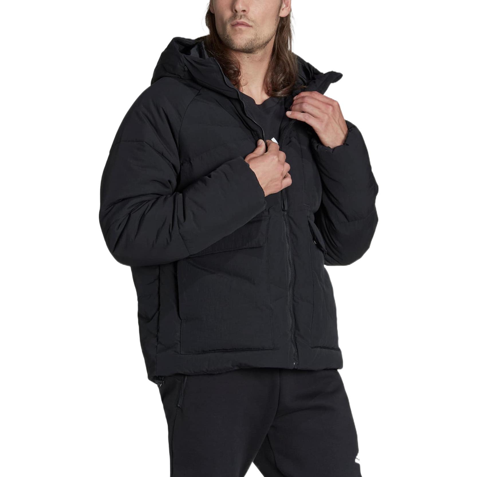 Shop adidas Jaket Puffer Hoodie Hitam Solid dengan Resleting. HN9930