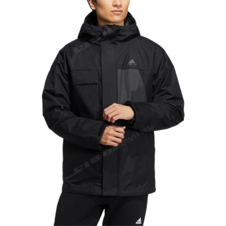 Purchase adidas Jaket Puffer Hitam Solid Berkerudung dengan Bordir Logo. HN2135