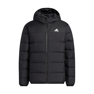 adidas Black Solid Logo Printed Hooded Down Jacket with Zipper. HZ2597