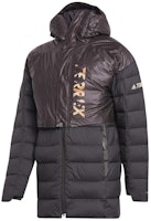 adidas Brown Patchwork Long Down Cotton Hooded Jacket. FT9674 adidas Brown Patchwork Long Down Cotton Hooded Jacket. FT9674