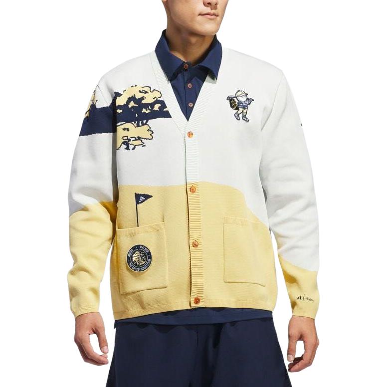 Lookbook adidas Sweater Rajut Kancing Warna Kuning/Putih. IN9172