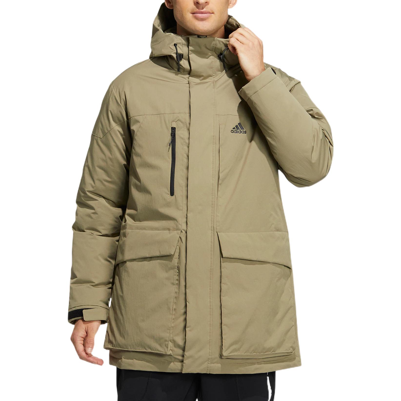 Lookbook adidas  Green Hooded Down Parka Jacket with Logo Print for Outdoor Sports HN2100