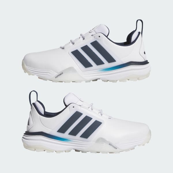 Sizing 阿迪达斯 Adipower 26 宽版无钉高尔夫鞋 云白/学院海军蓝/明亮橙 JQ6816