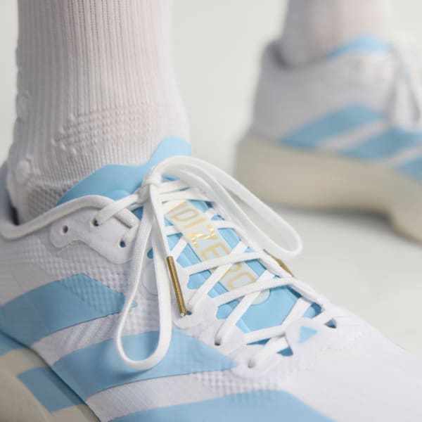 Sizing adidas Adizero EVO SL Woven Bianco Cloud/Blu Chiaro/Oro Opaco JQ4527