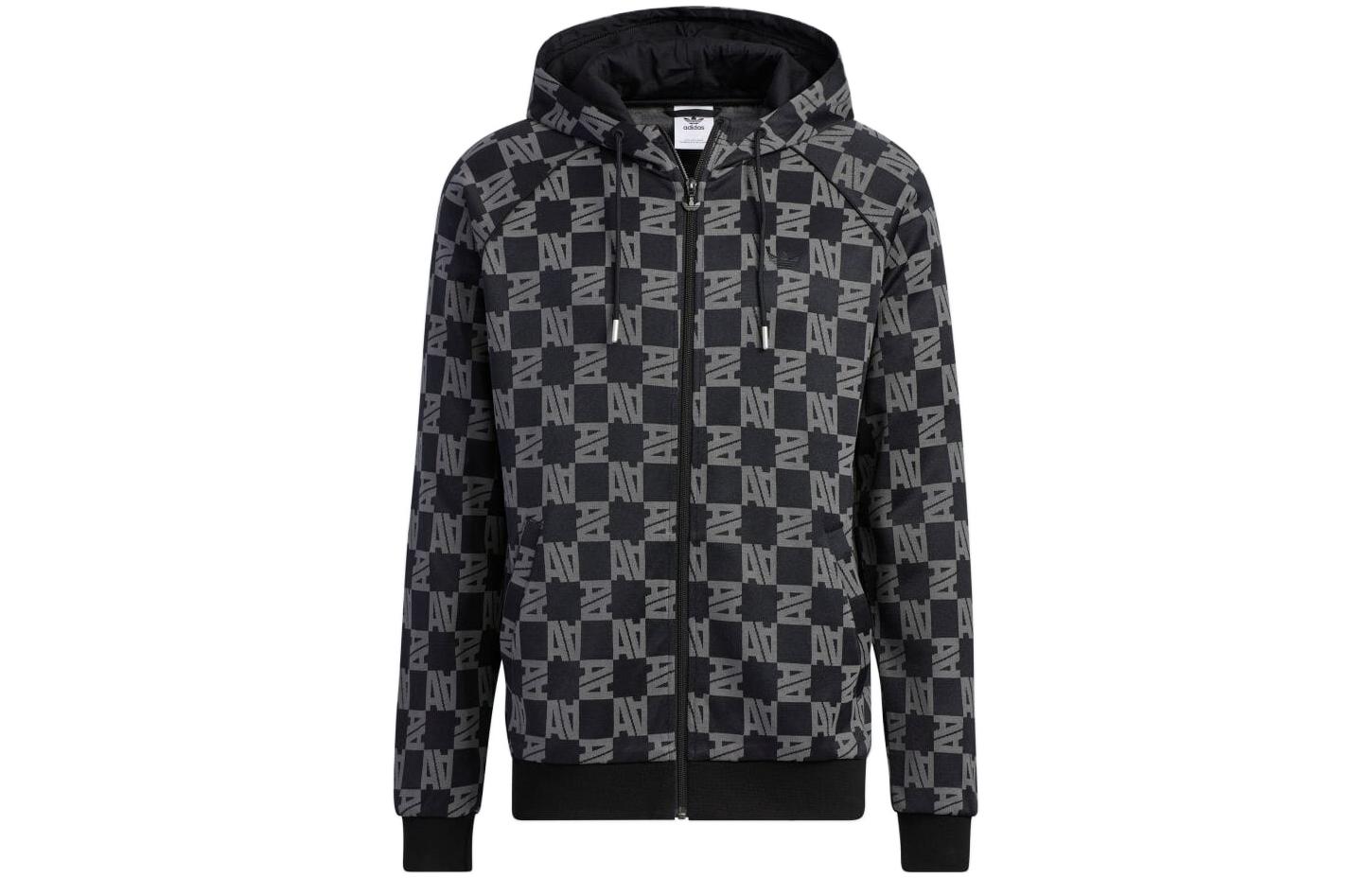 adidas Allover Letter Print Hoodie Jacket Unisex Black HR3435