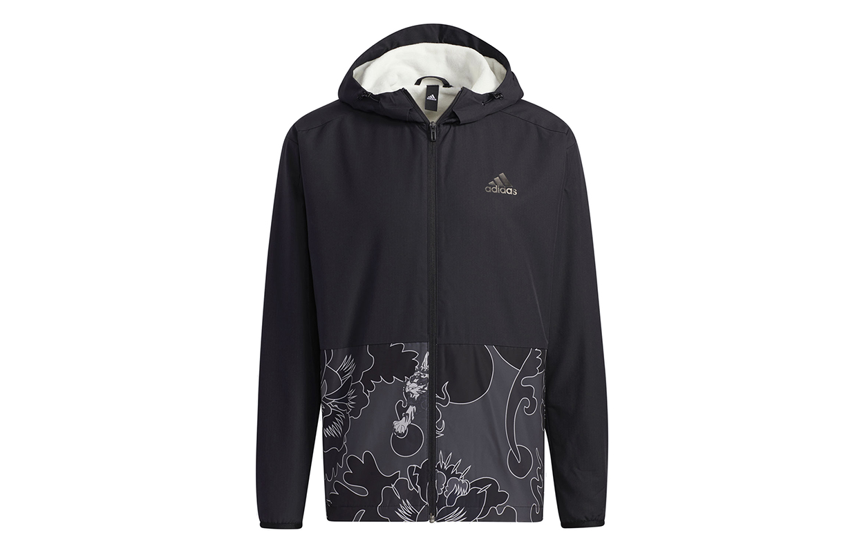 adidas AOP Block Colorblock Windproof Fleece Hooded Jacket Black GT6484
