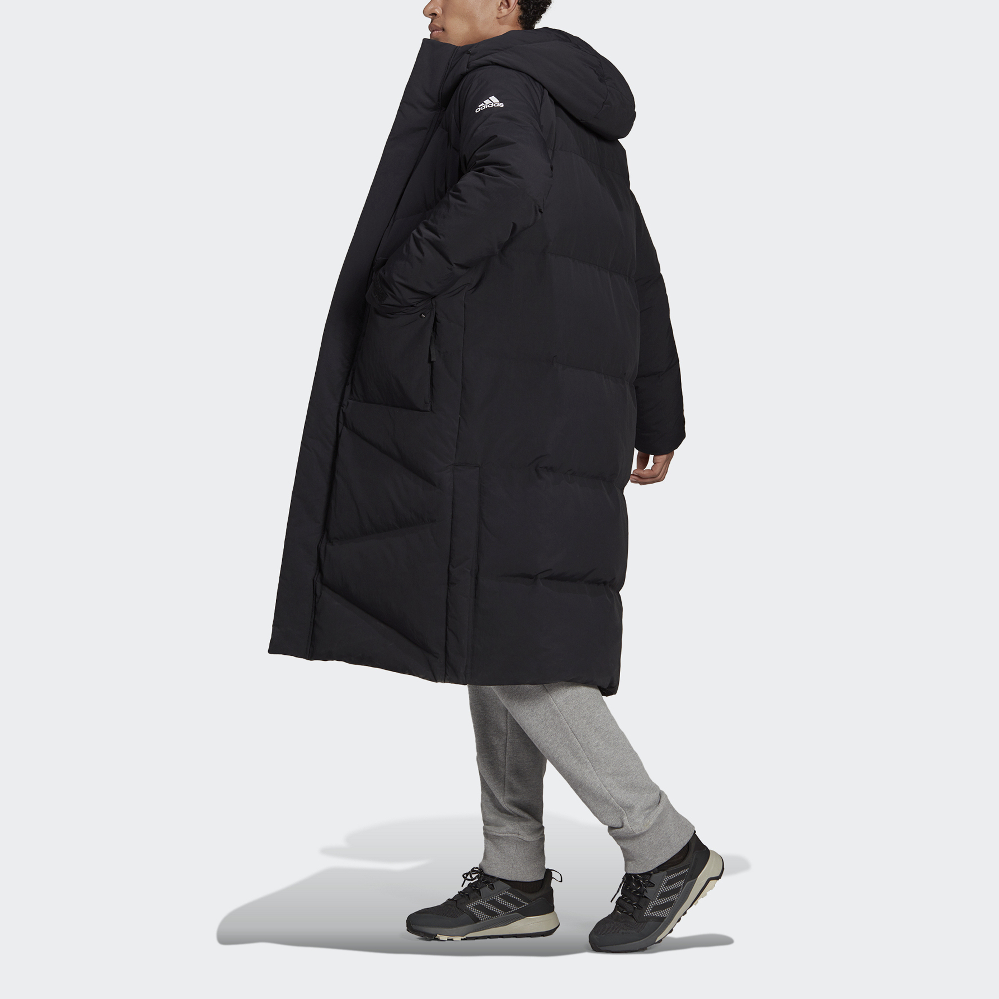Details for adidas Big Baffle Long Down Coat Black Winter Outdoor Hooded Jacket. GT6536