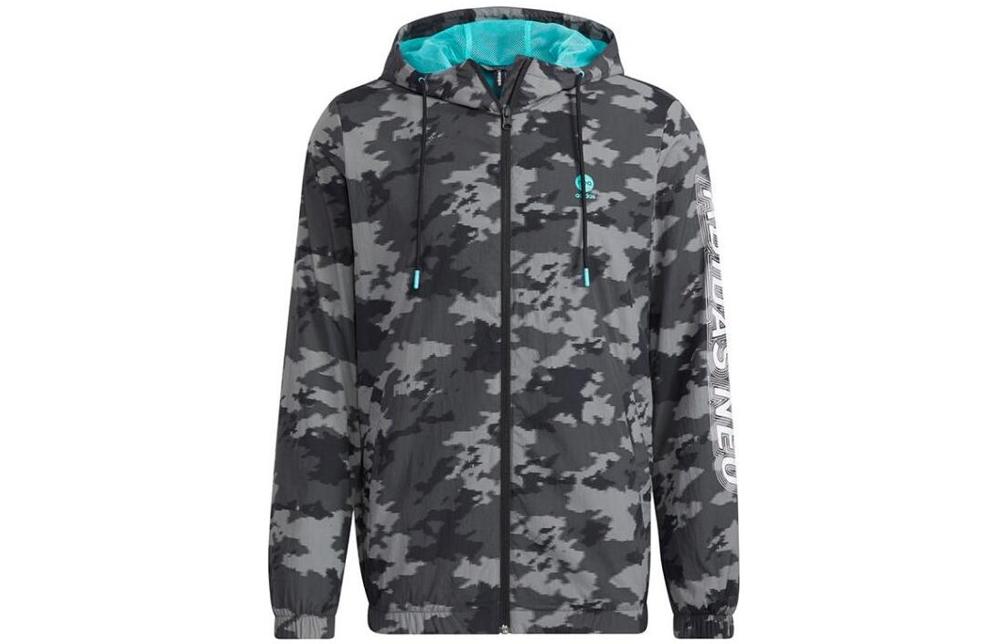 adidas Black Camo Letter Striped Woven Hooded Jacket HC9707