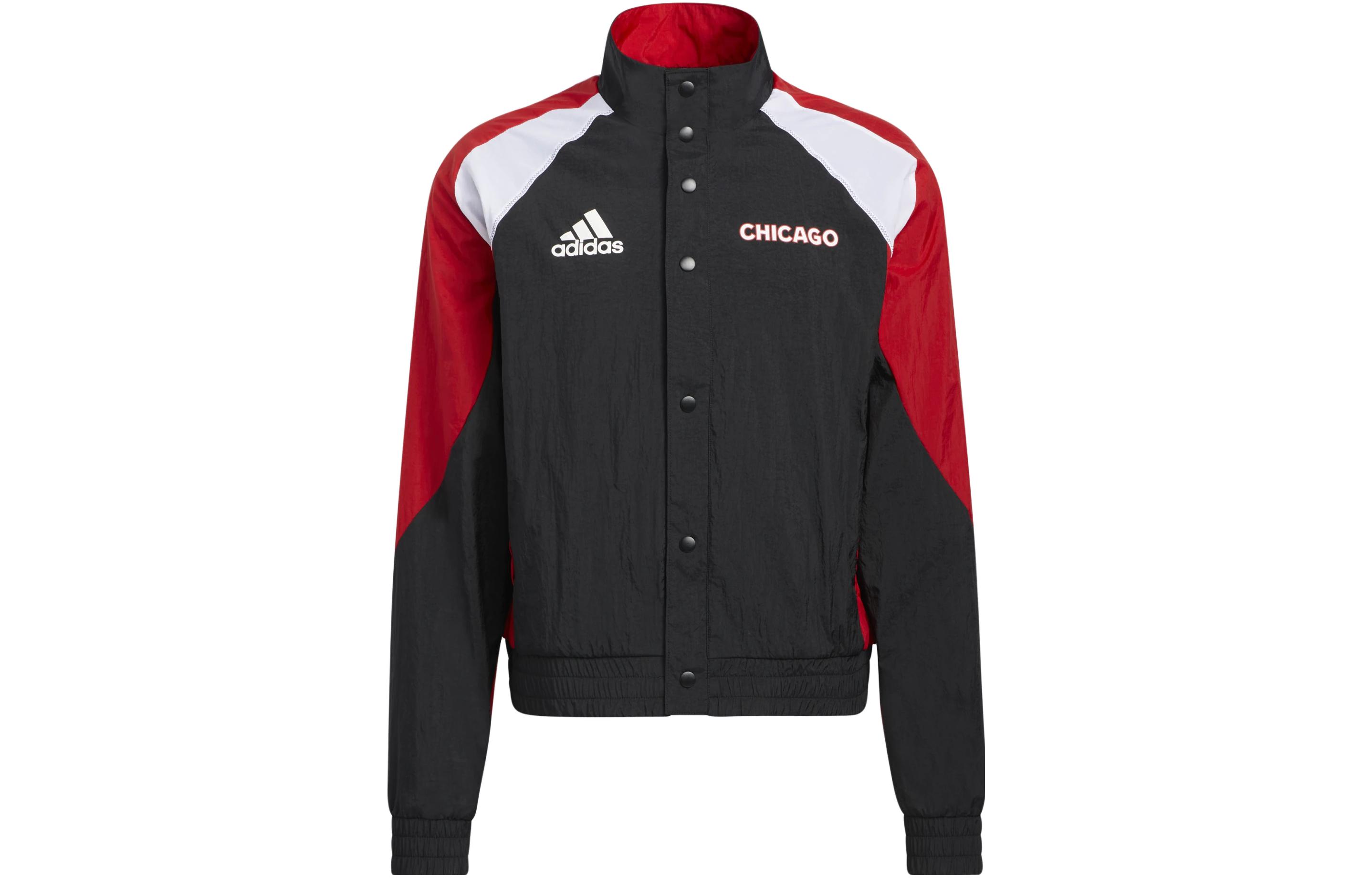 adidas Black Color-Block Logo Print Stand Collar Button-Up Jacket HM3109
