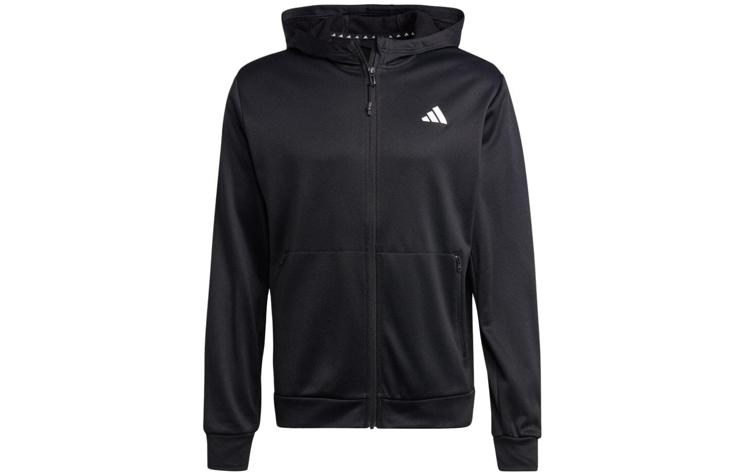 adidas Black Full-Zip Hoodie with Logo Print and Long Sleeves IJ9618
