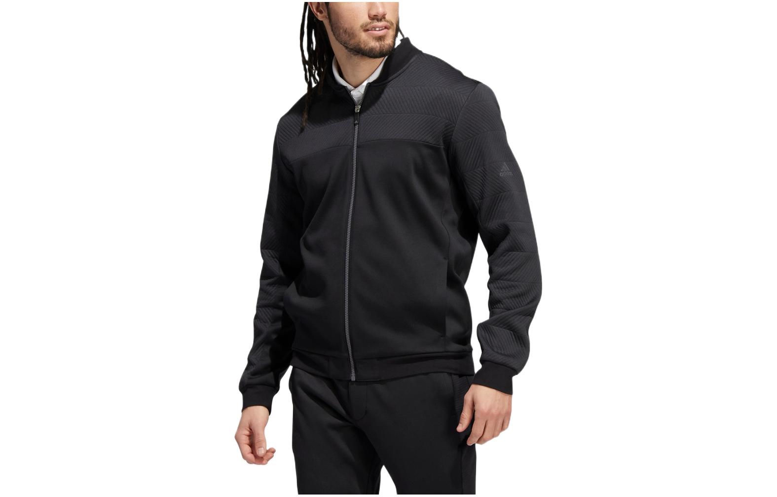 adidas Black Golf Jacket with Solid Brand Logo Print and Stand-up Collar HN9527
