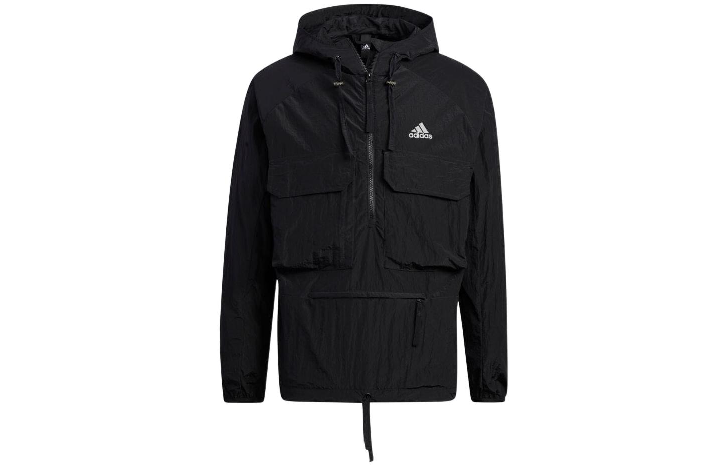 adidas Black Half-Zip Pullover Jacket with Logo and Drawstring Hoodie IA9401