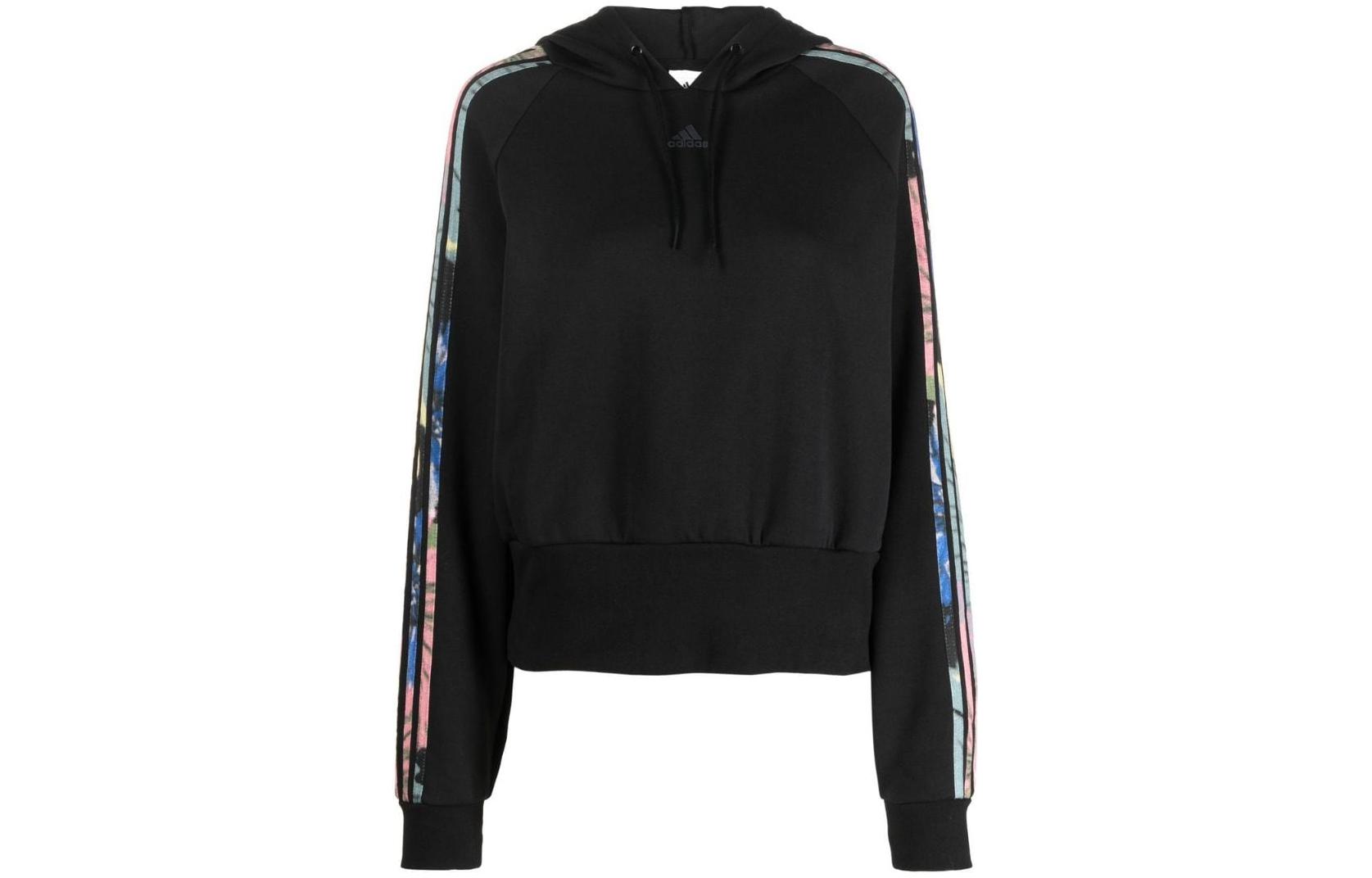 adidas Black Hoodie with Solid Logo, Colorful Stripes, and Drawstring HI0028