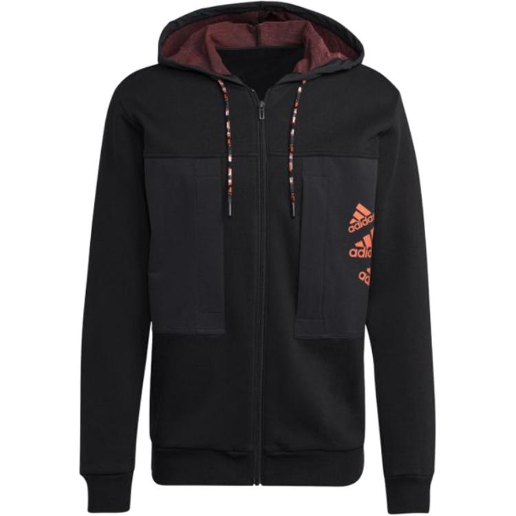 adidas Black Logo Print Thickened Fleece Patchwork Hoodie Jacket HL9380