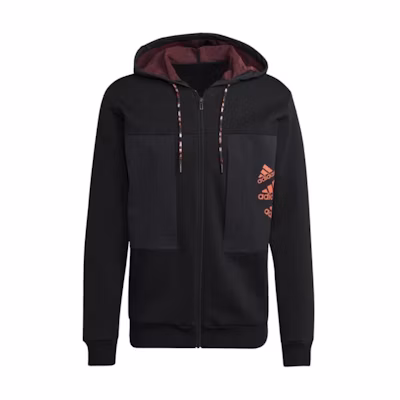 adidas Black Logo Print Thickened Fleece Patchwork Hoodie Jacket HL9380