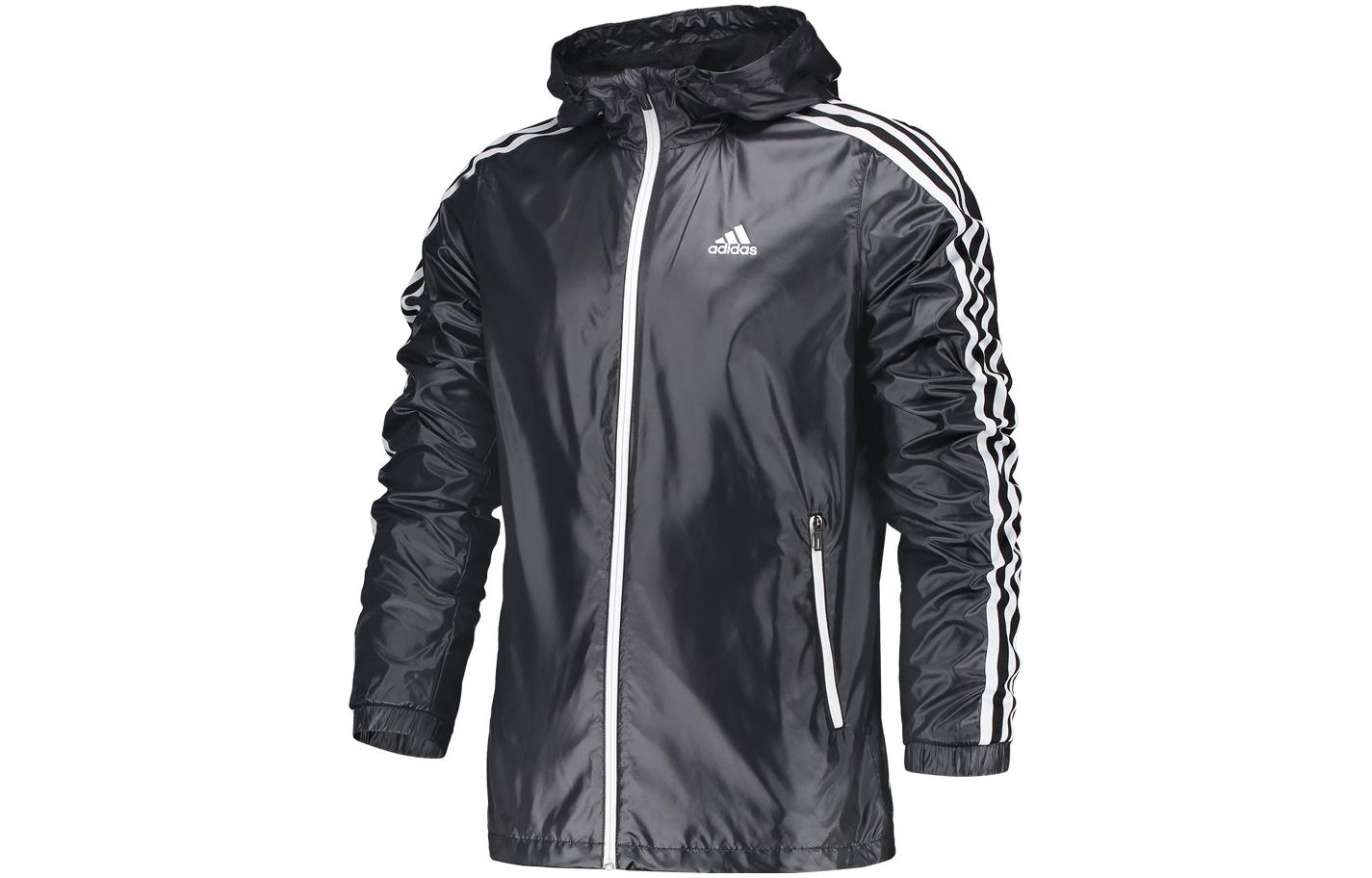 adidas Black Long-Sleeve Hoodie Jacket with Logo and Three Stripes Design BR1566