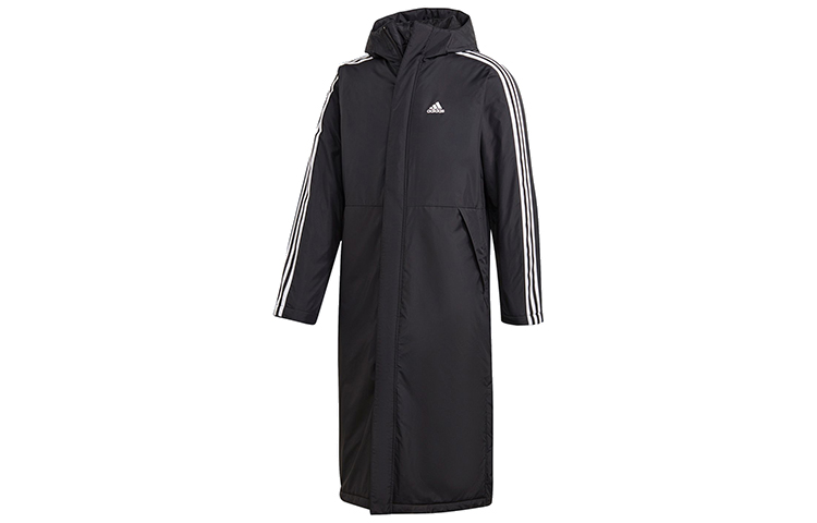 Lookbook 阿迪达斯黑色长款侧开衩连帽羽绒服Logo印花 GF0000