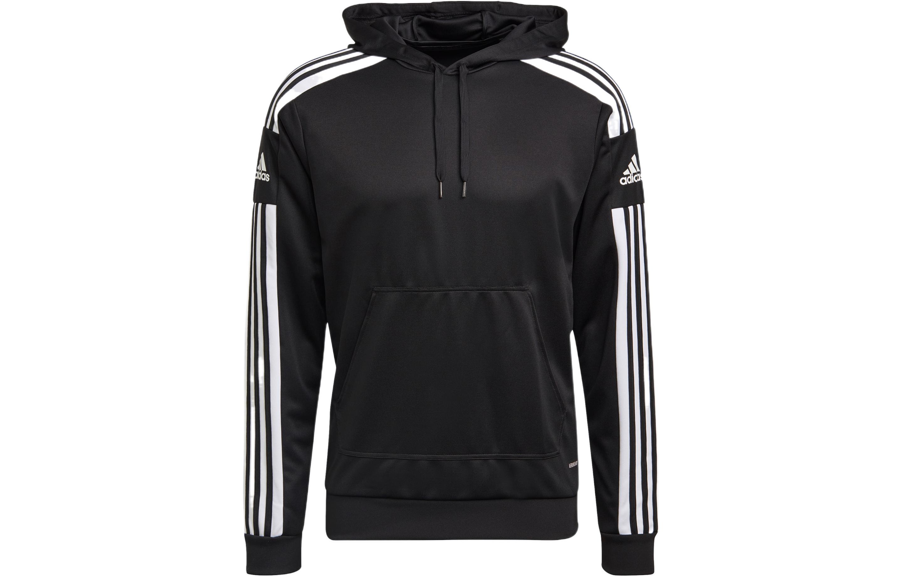 adidas Black Pullover Hoodie with Logo, Kangaroo Pocket & Stripes GK9548