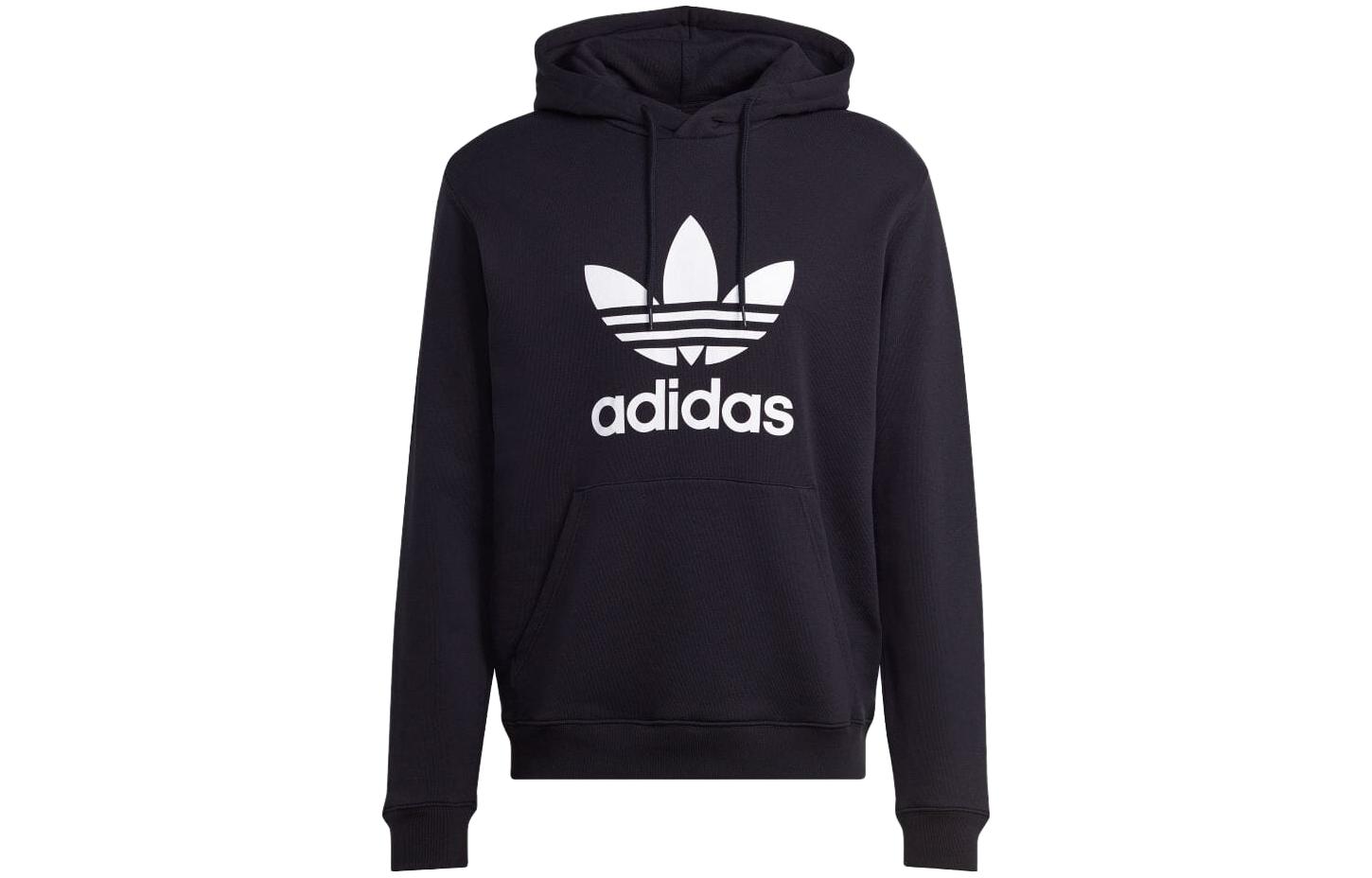 adidas Black Pullover Hoodie with Logo Print and Front Kangaroo Pocket IM4489
