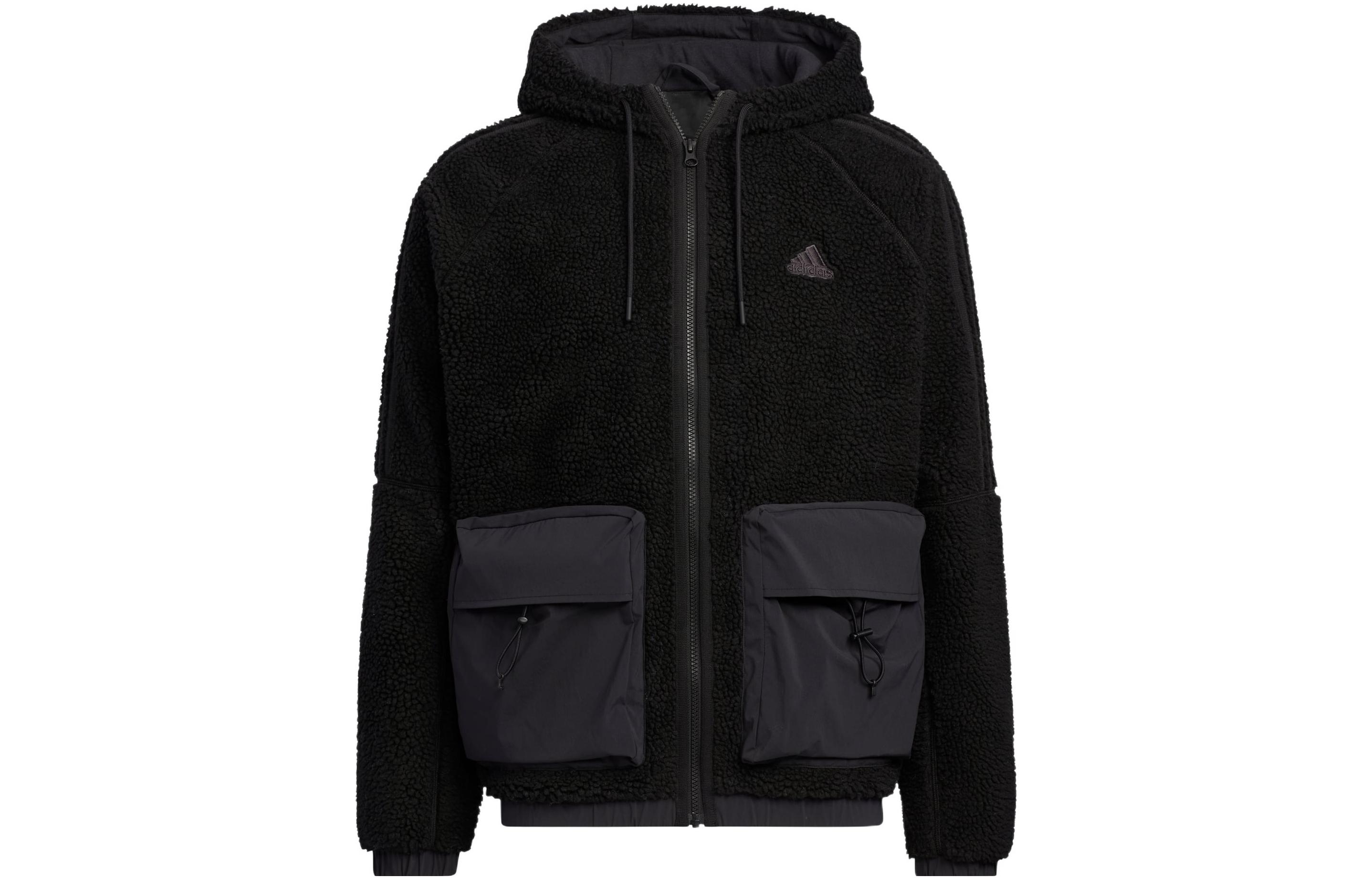 adidas Black Sherpa Fleece Jacket with Solid Logo Design. HR4440