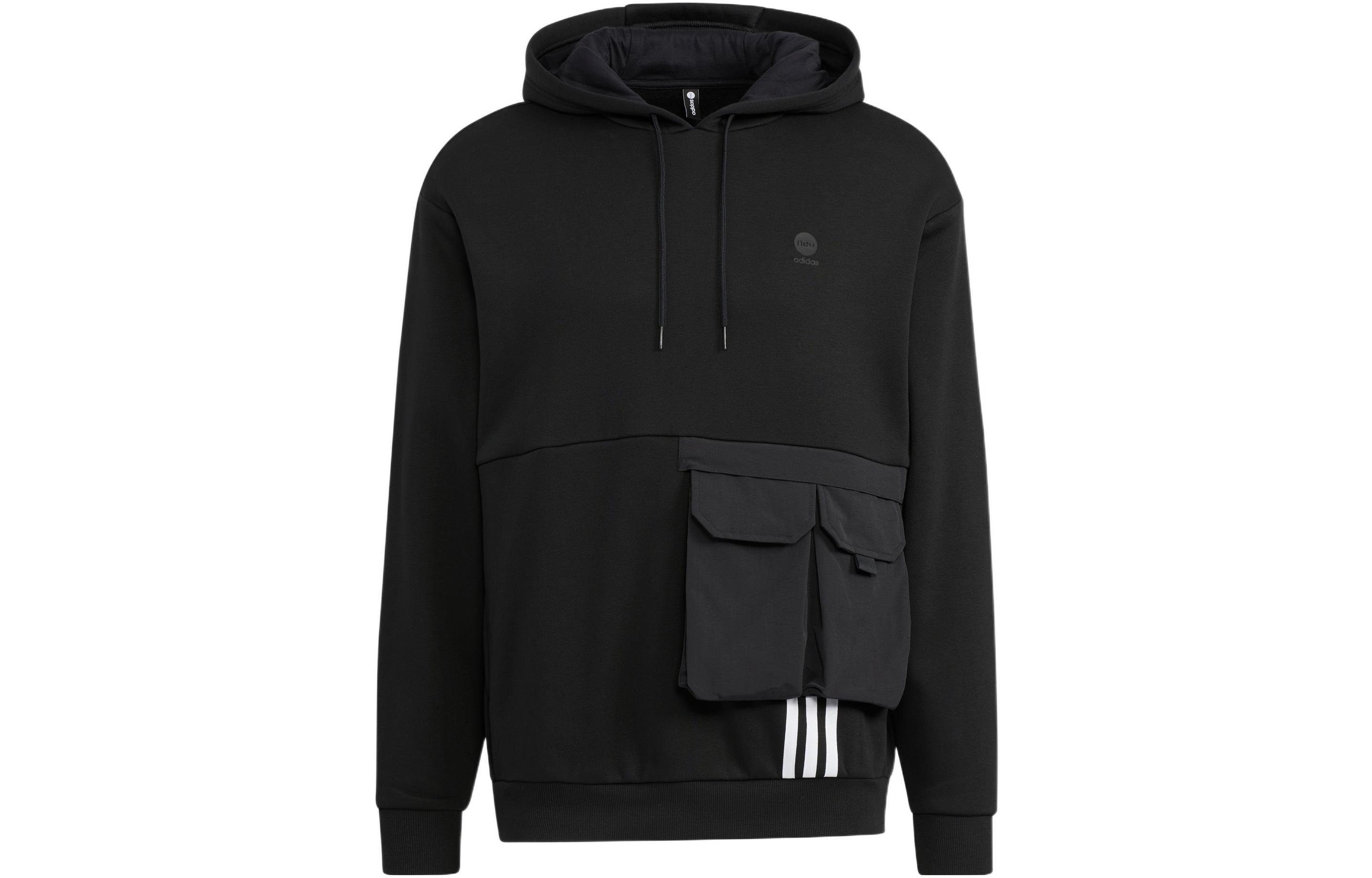 adidas Black Solid Color Logo Print Drawstring Hoodie Unisex HN2404