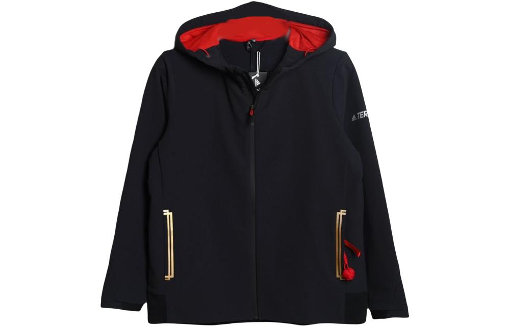 adidas Black Solid Color Zip Hoodie Jacket with Logo Print FN0784