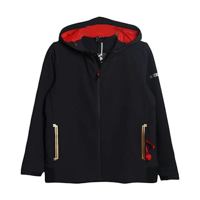 adidas Black Solid Color Zip Hoodie Jacket with Logo Print FN0784