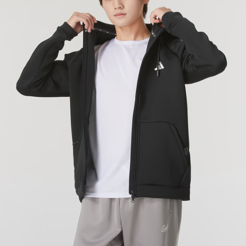 adidas Black Solid Letter Logo Print Hooded Jacket IX5706 圖 5