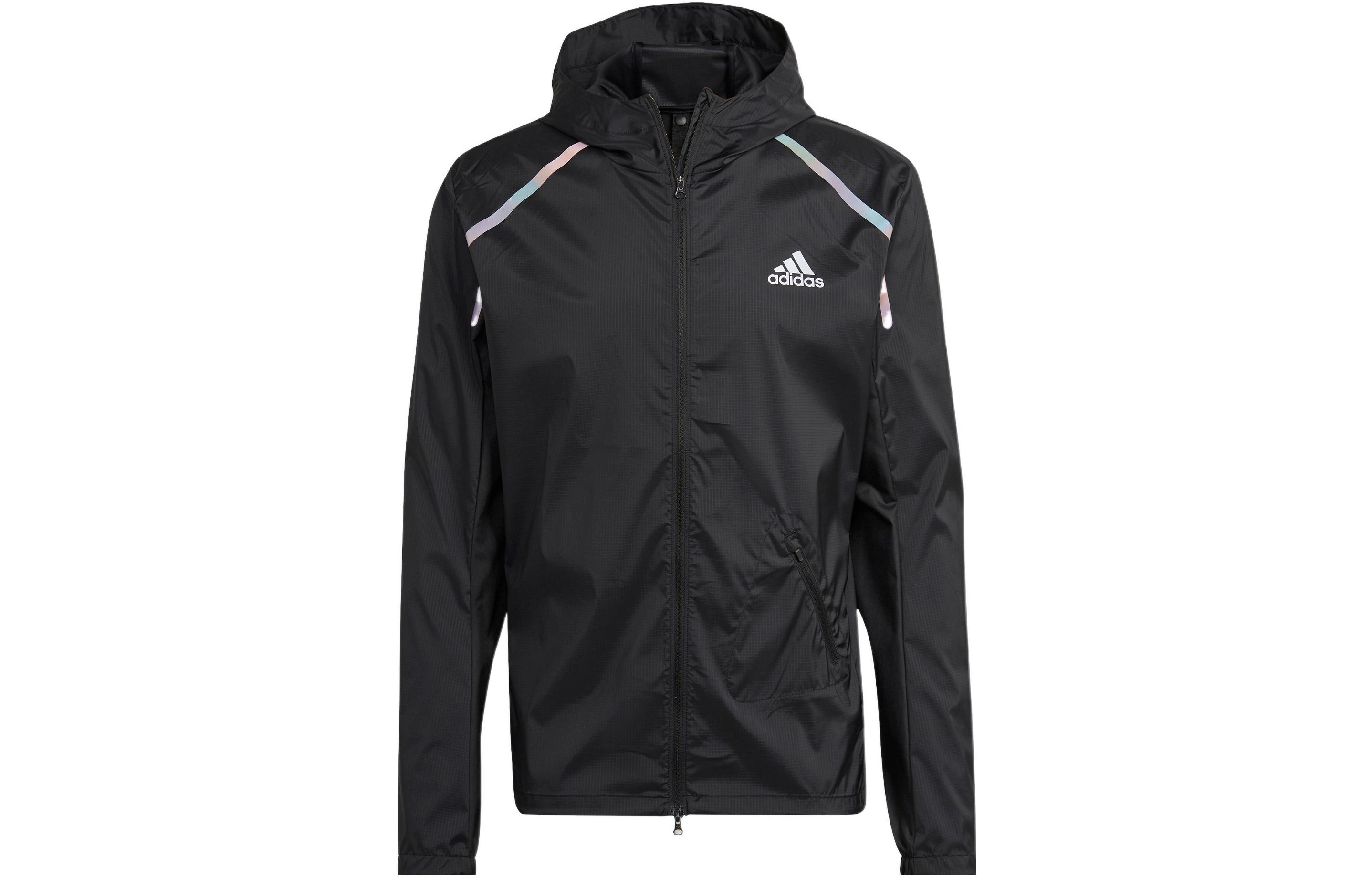 adidas Black Solid Logo Print Hoodie Jacket Sportswear HK5637