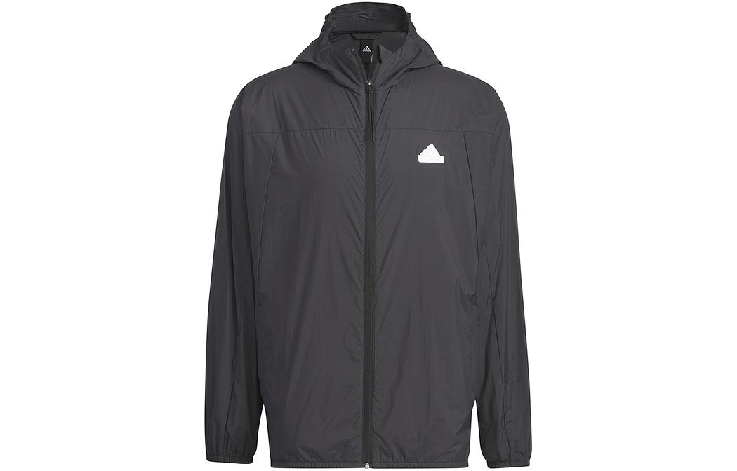 adidas Black Solid Logo Print Long Sleeve Hoodie Jacket IT3940