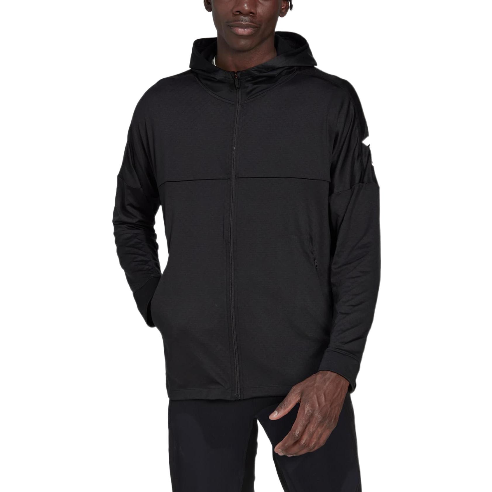Shop adidas Black Solid Logo Print Zip-Up Hooded Jacket HD3518