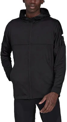 adidas Black Solid Logo Print Zip-Up Hooded Jacket HD3518 Shop adidas Black Solid Logo Print Zip-Up Hooded Jacket HD3518