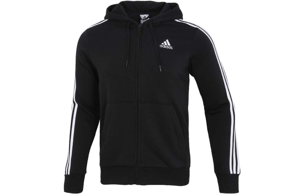 adidas Black Striped Logo Print Fleece Hoodie Jacket GK9089