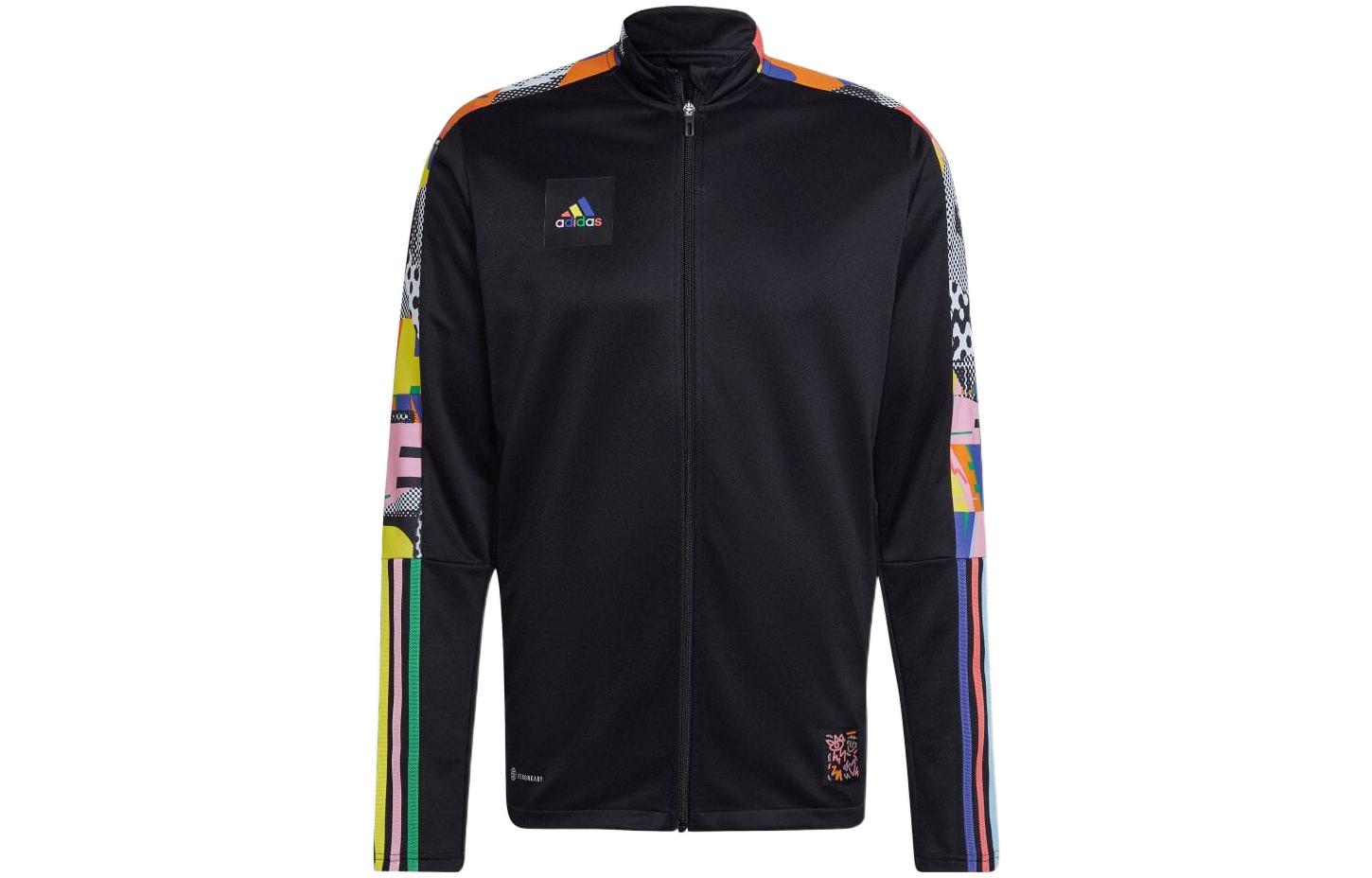 adidas Black Striped Logo Print Zipper Jacket with Stand Collar HC9780