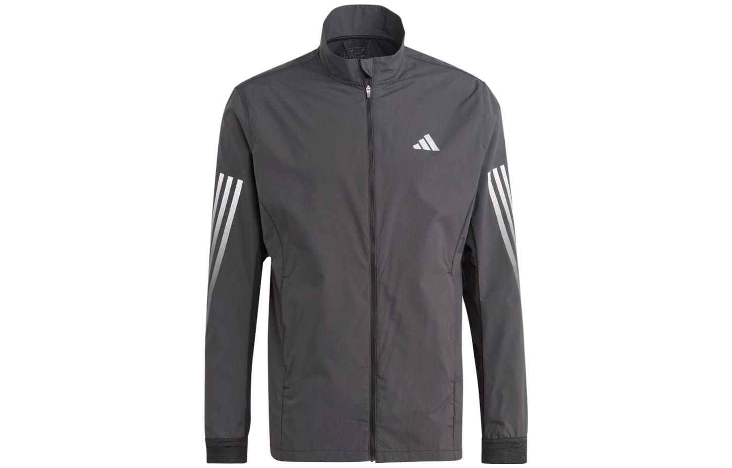 adidas Black Striped Print Track Jacket with Stand Collar and Zipper HZ4455