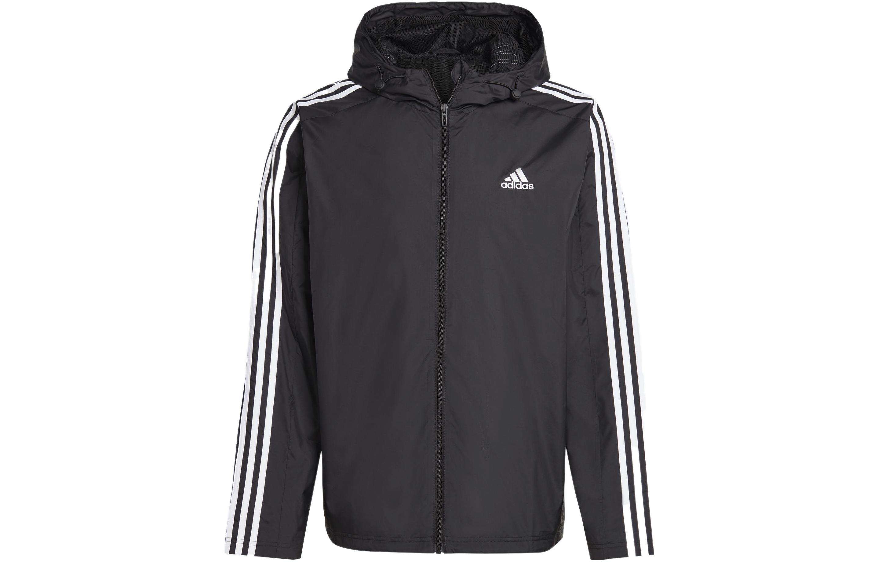 adidas Black Windbreaker Jacket with 3-Stripes Logo and Zipper Hoodie IB0381
