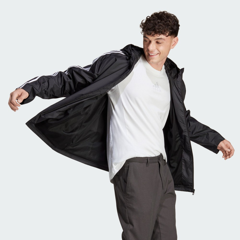 Shop adidas 黑色風衣外套 三條紋標誌 帶拉鏈連帽 IB0381