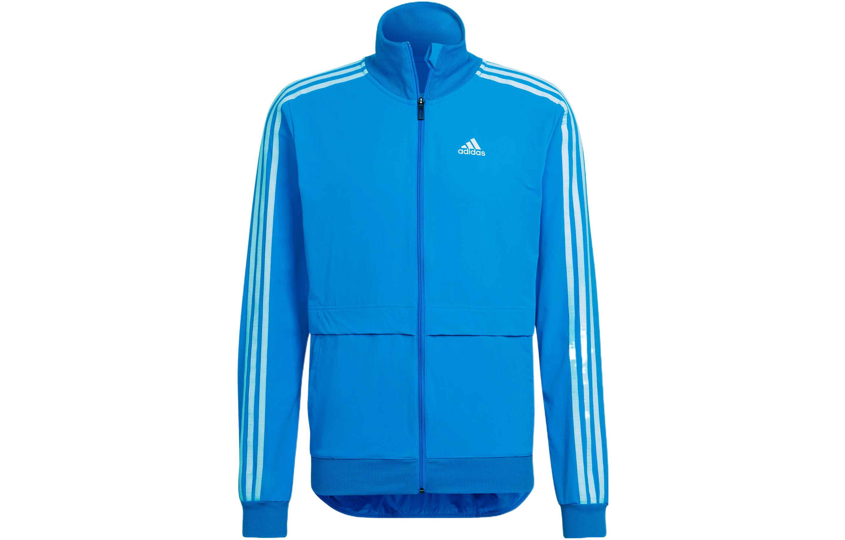 adidas Blue Casual Track Jacket with Solid Logo and Striped Design H57197