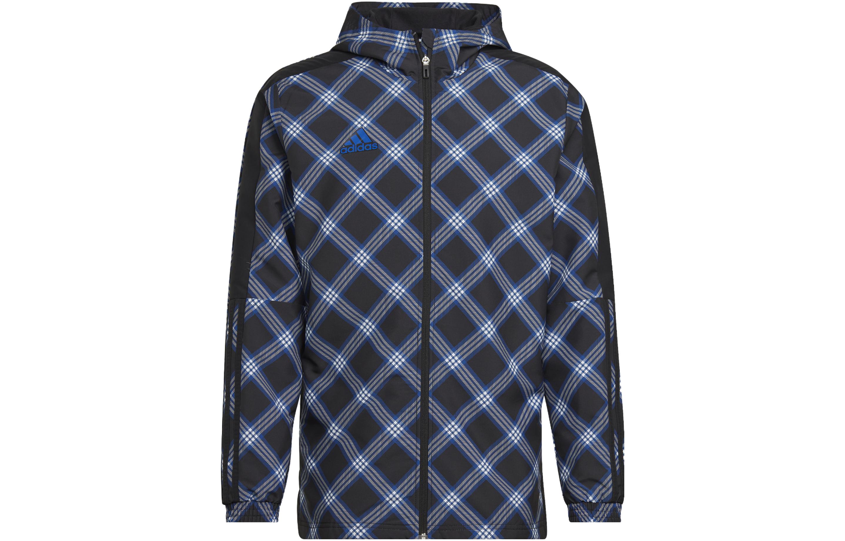 adidas Blue Checkered Logo Printed Zip-Up Hoodie Jacket HN5509